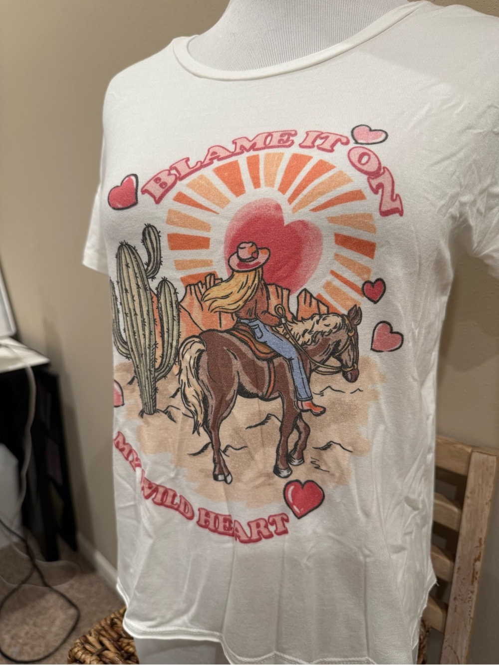 Moa Moa White Graphic Tee with Pink & Orange Retro Cowboy Heart